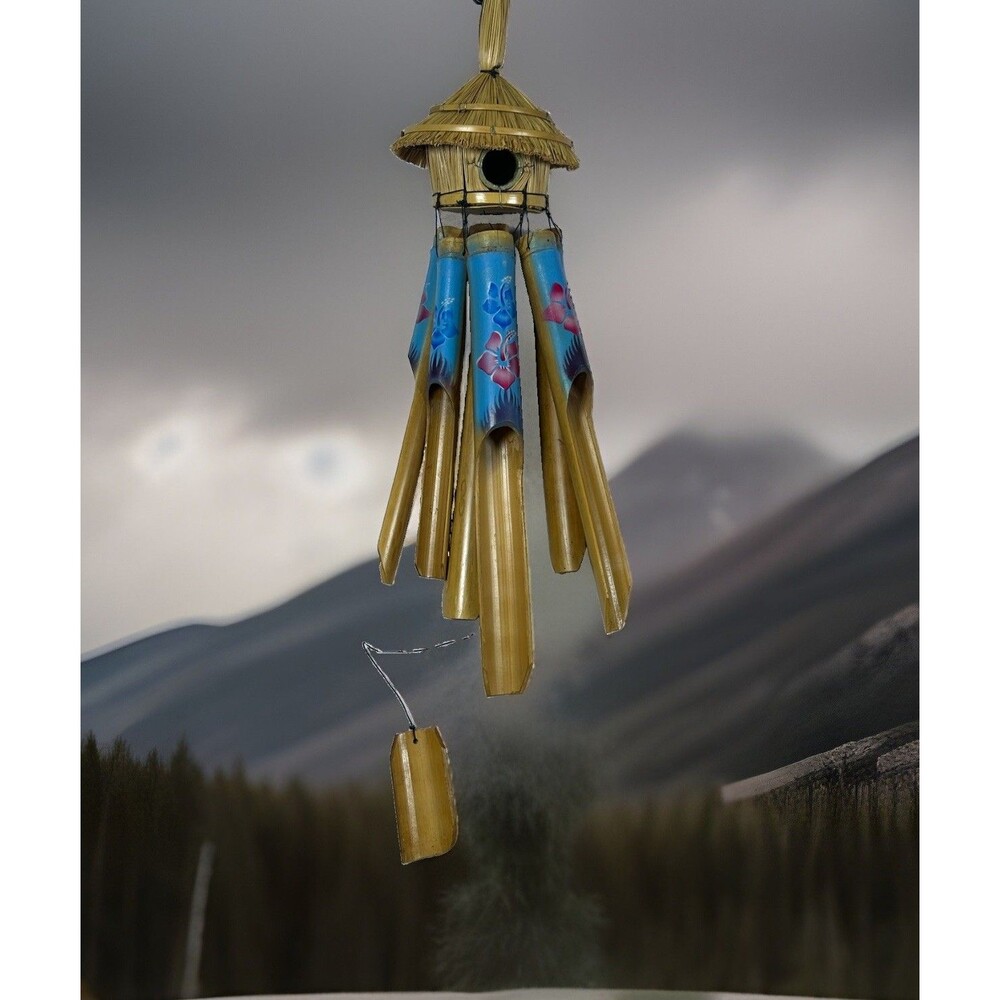 Handmade Bamboo Wind Chime Birdhouse Tropical Hibiscus Hanging Decor 23”